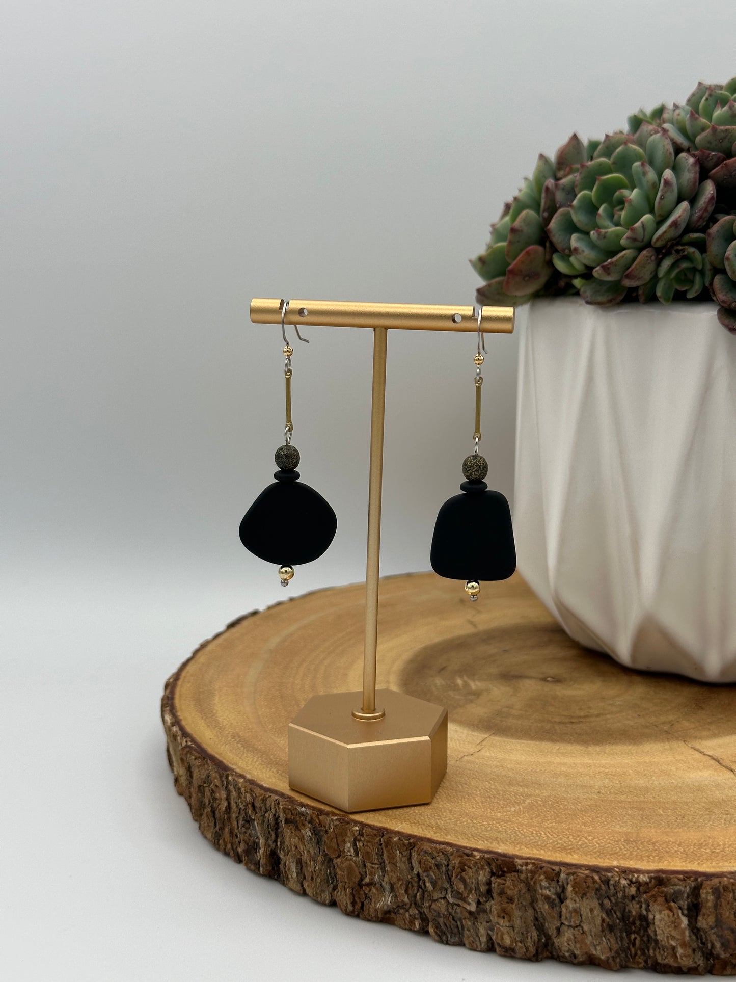 Black Glass Bar Earrings - Modern Minimalist Long Dangle Earrings