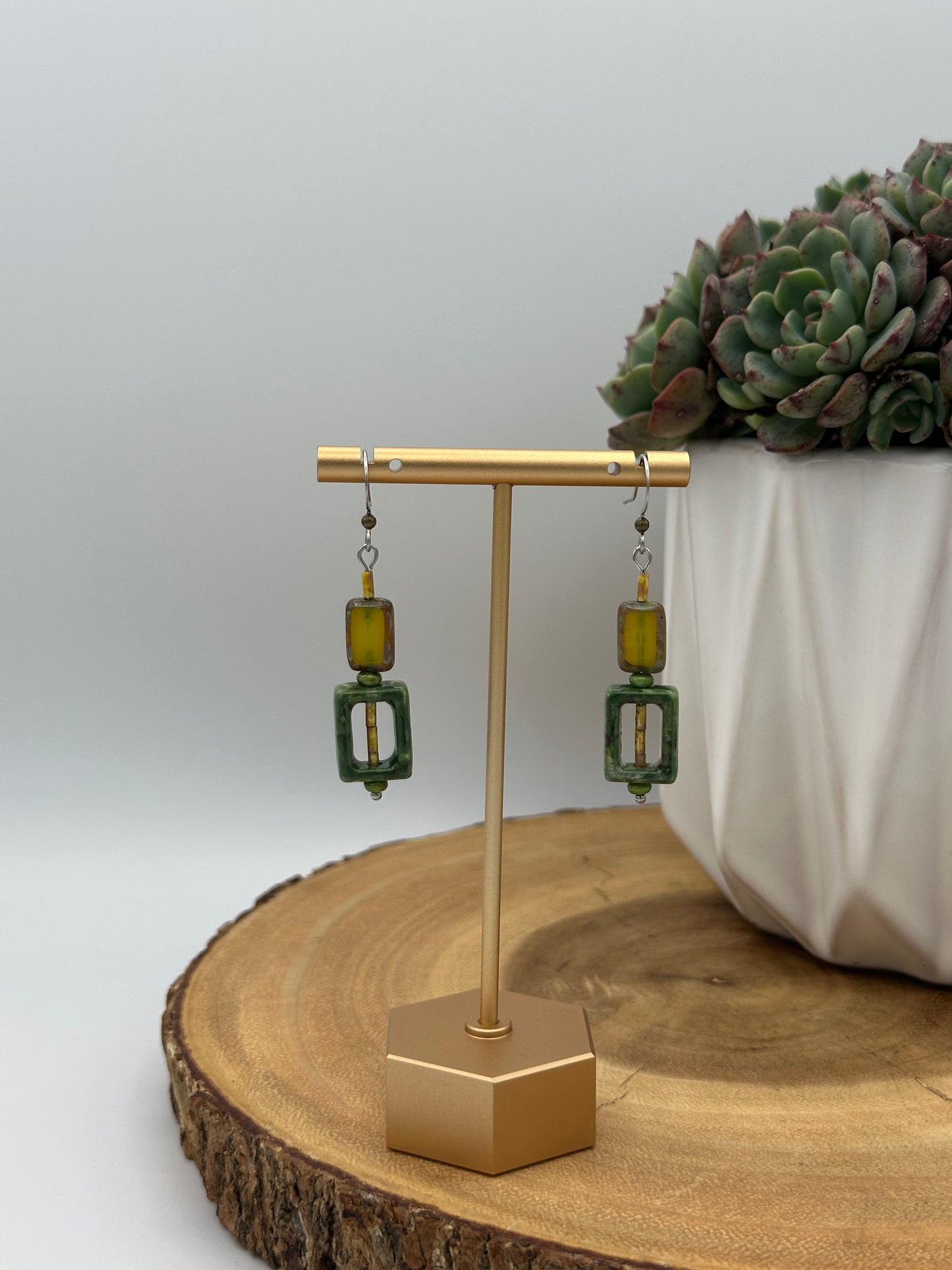 Green Glass Frame Earrings - Geometric Boho Dangle Earrings