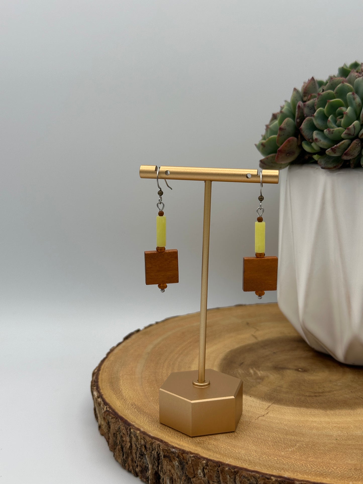 Geometric Boho Earrings - Warm Brown and Yellow Dangle Earrings