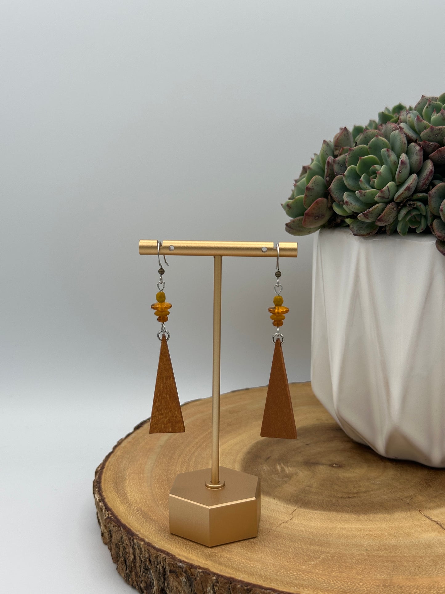 Wood Triangle Dangle Earrings - Brown, Amber, and Mustard Long Geometric Boho Earrings
