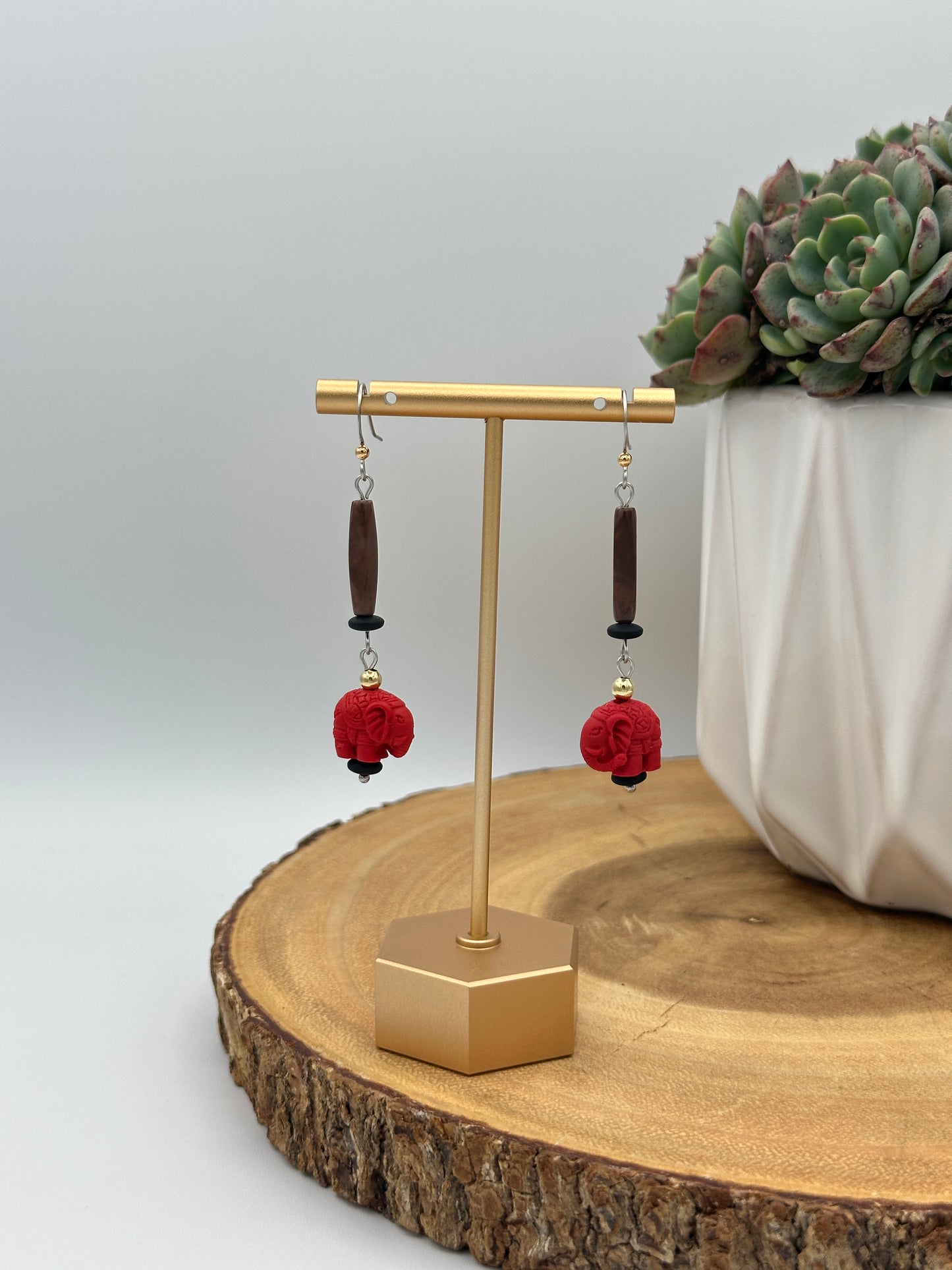 Red Carved Elephant Earrings - Statement Boho Dangle Earrings