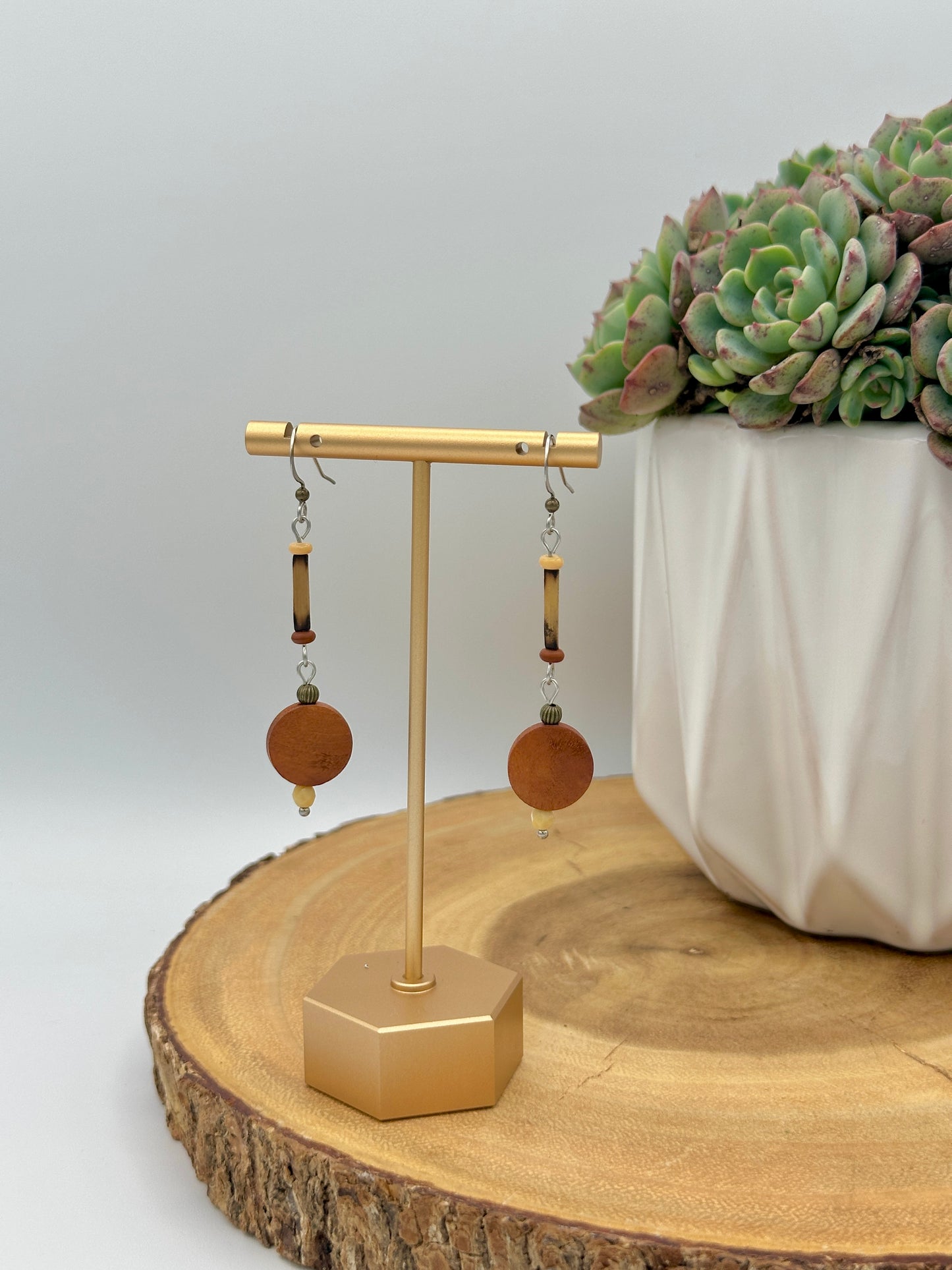 Natural Wood Dangle Earrings - Boho Wood Disc Drop