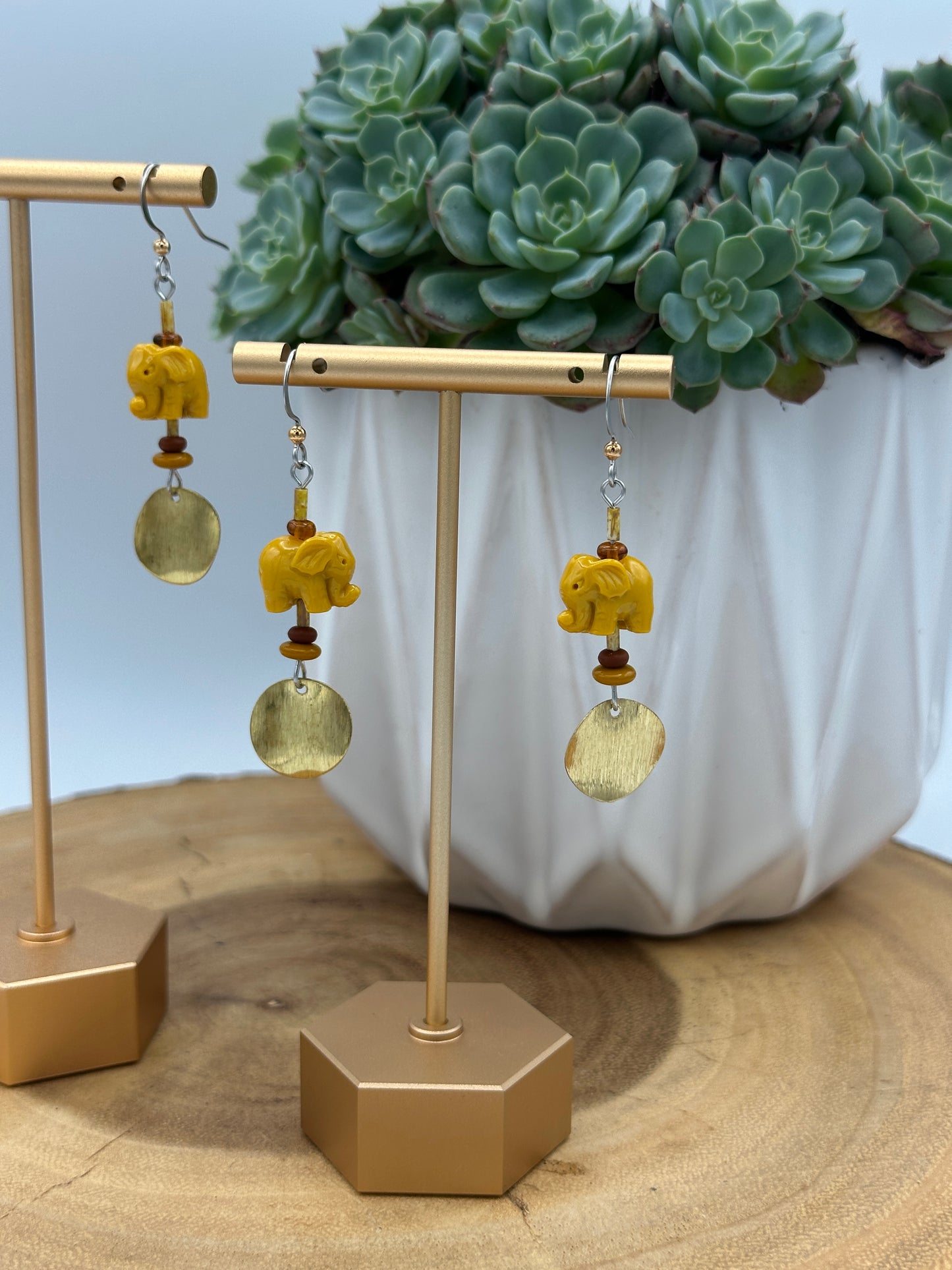 Yellow Elephant Dangle Earrings - Boho Brass Disc Drop