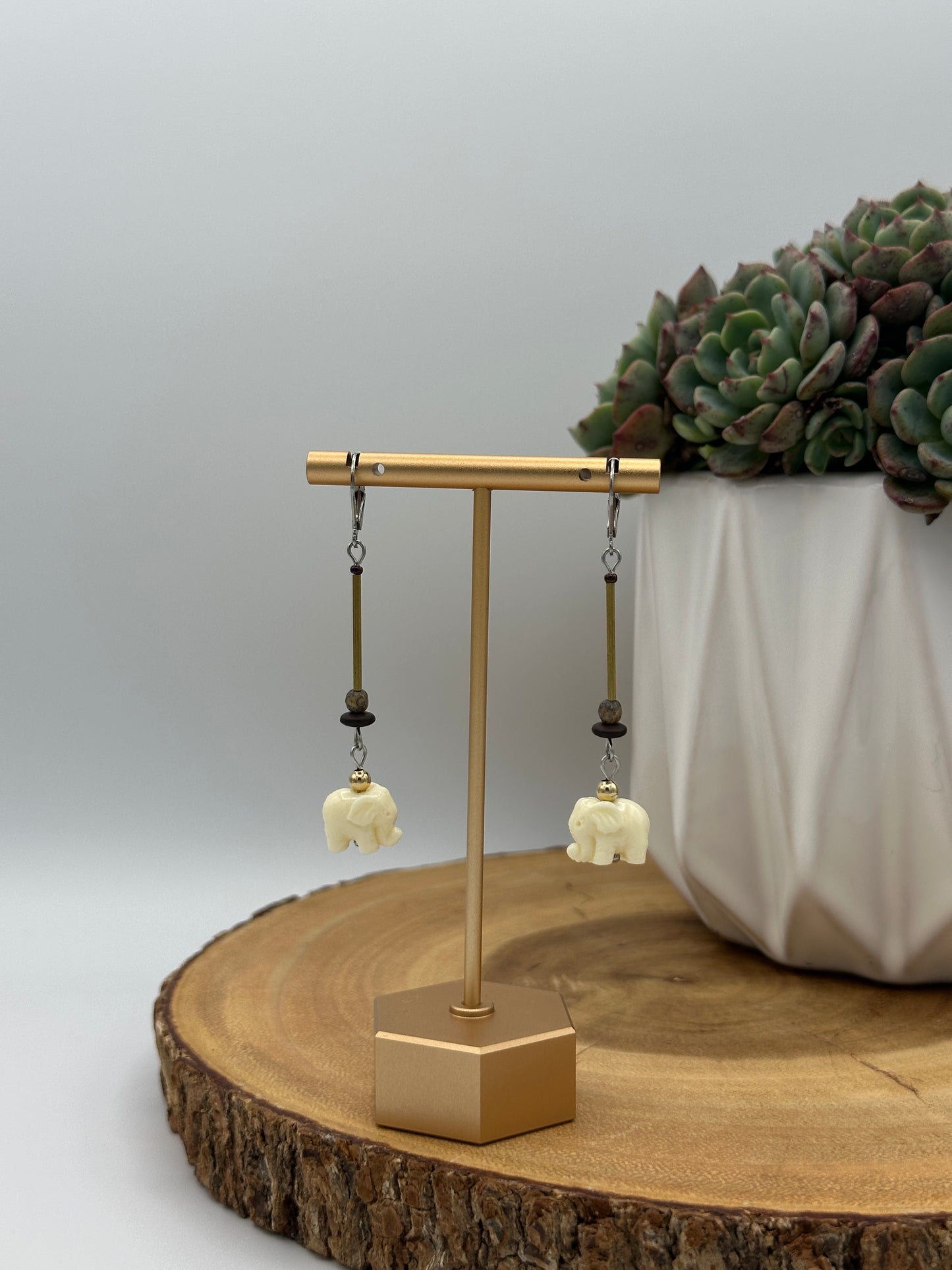 Carved Elephant Dangle Earrings - Long Charming Boho Earrings