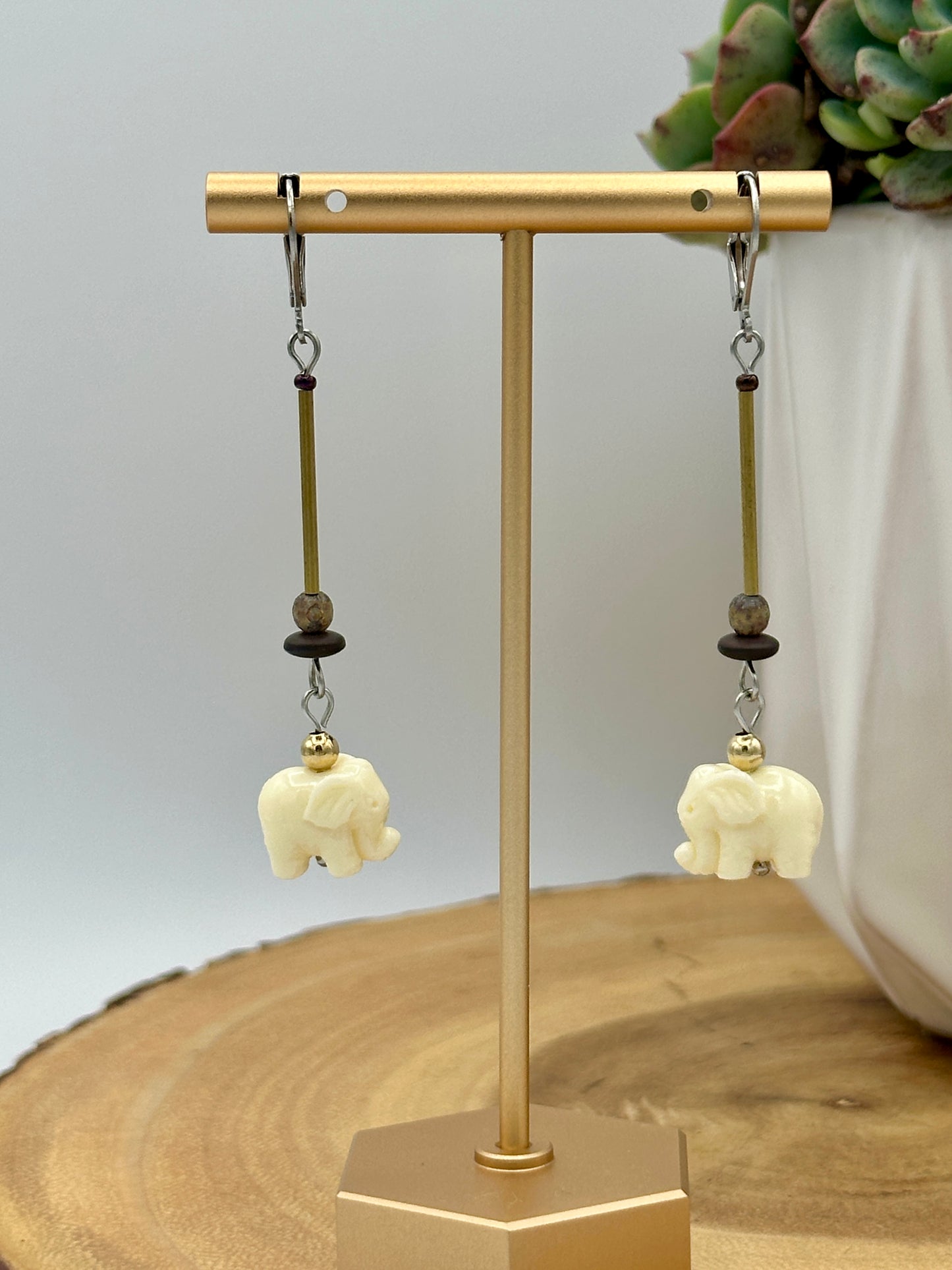 Carved Elephant Dangle Earrings - Long Charming Boho Earrings
