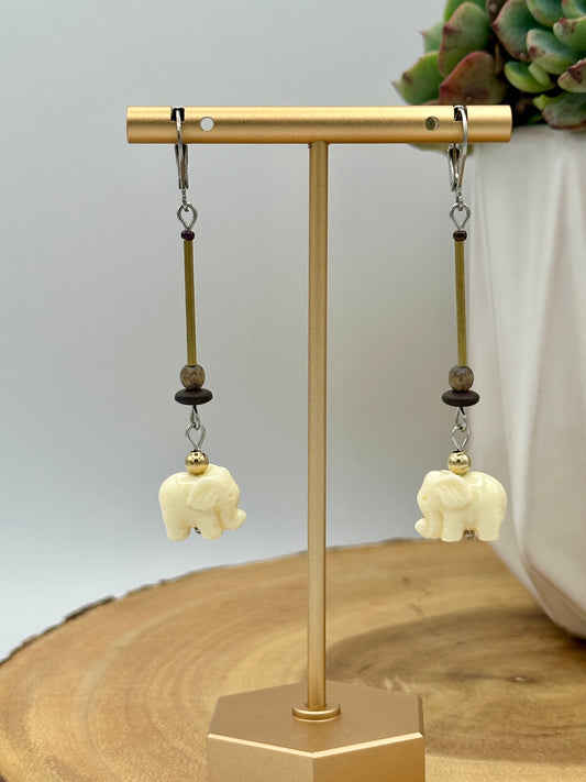 Carved Elephant Dangle Earrings - Long Charming Boho Earrings