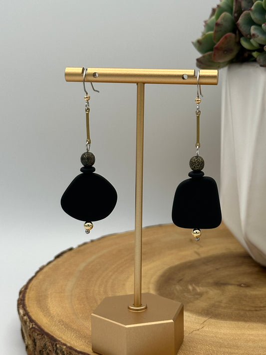 Black Glass Bar Earrings - Modern Minimalist Long Dangle Earrings