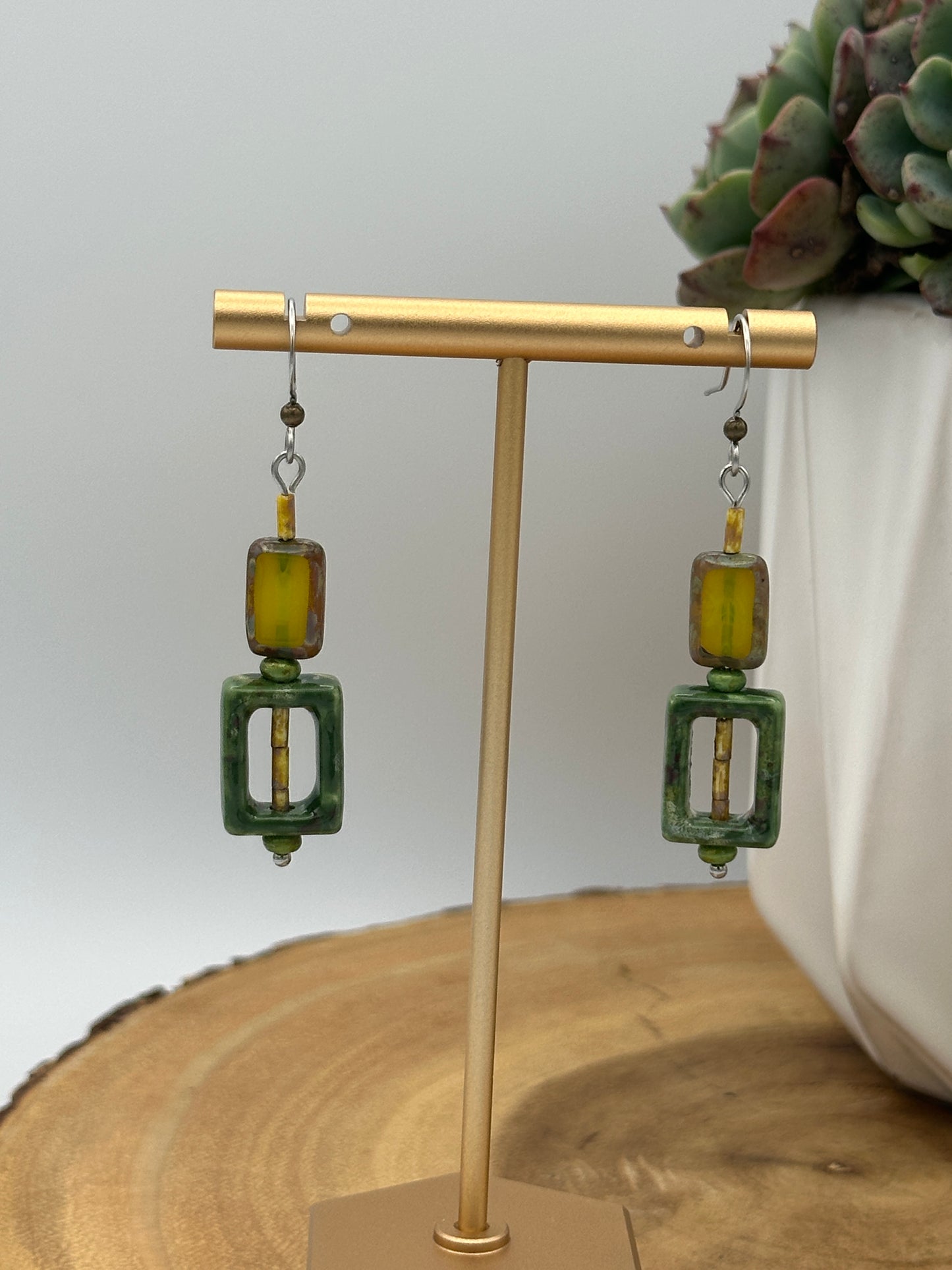 Green Glass Frame Earrings - Geometric Boho Dangle Earrings