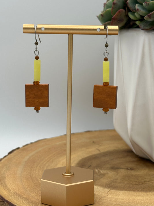 Geometric Boho Earrings - Warm Brown and Yellow Dangle Earrings