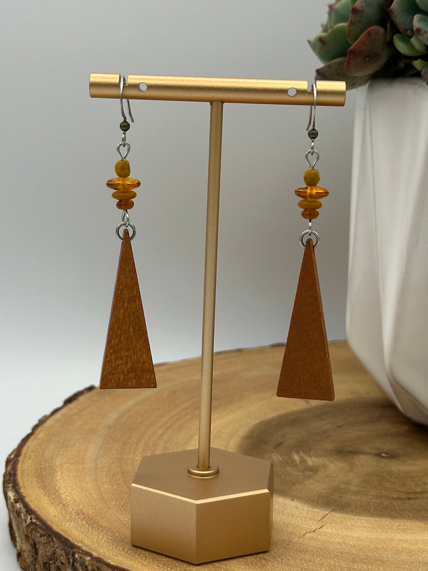 Wood Triangle Dangle Earrings - Brown, Amber, and Mustard Long Geometric Boho Earrings