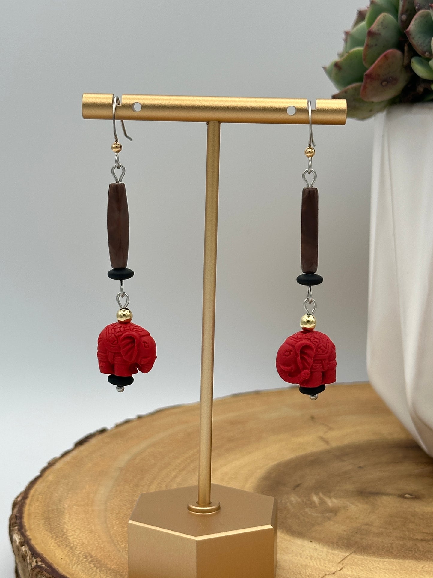Red Carved Elephant Earrings - Statement Boho Dangle Earrings