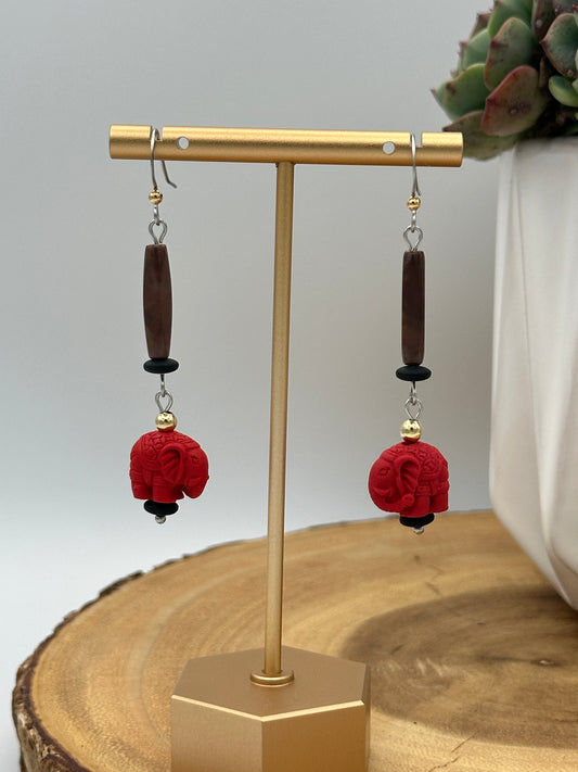 Red Carved Elephant Earrings - Statement Boho Dangle Earrings