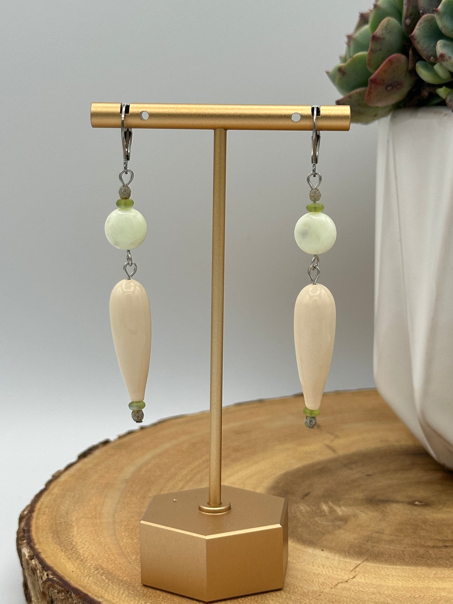 Cream Teardrop Earrings with Mint Green Accent - Boho Dangle Earrings