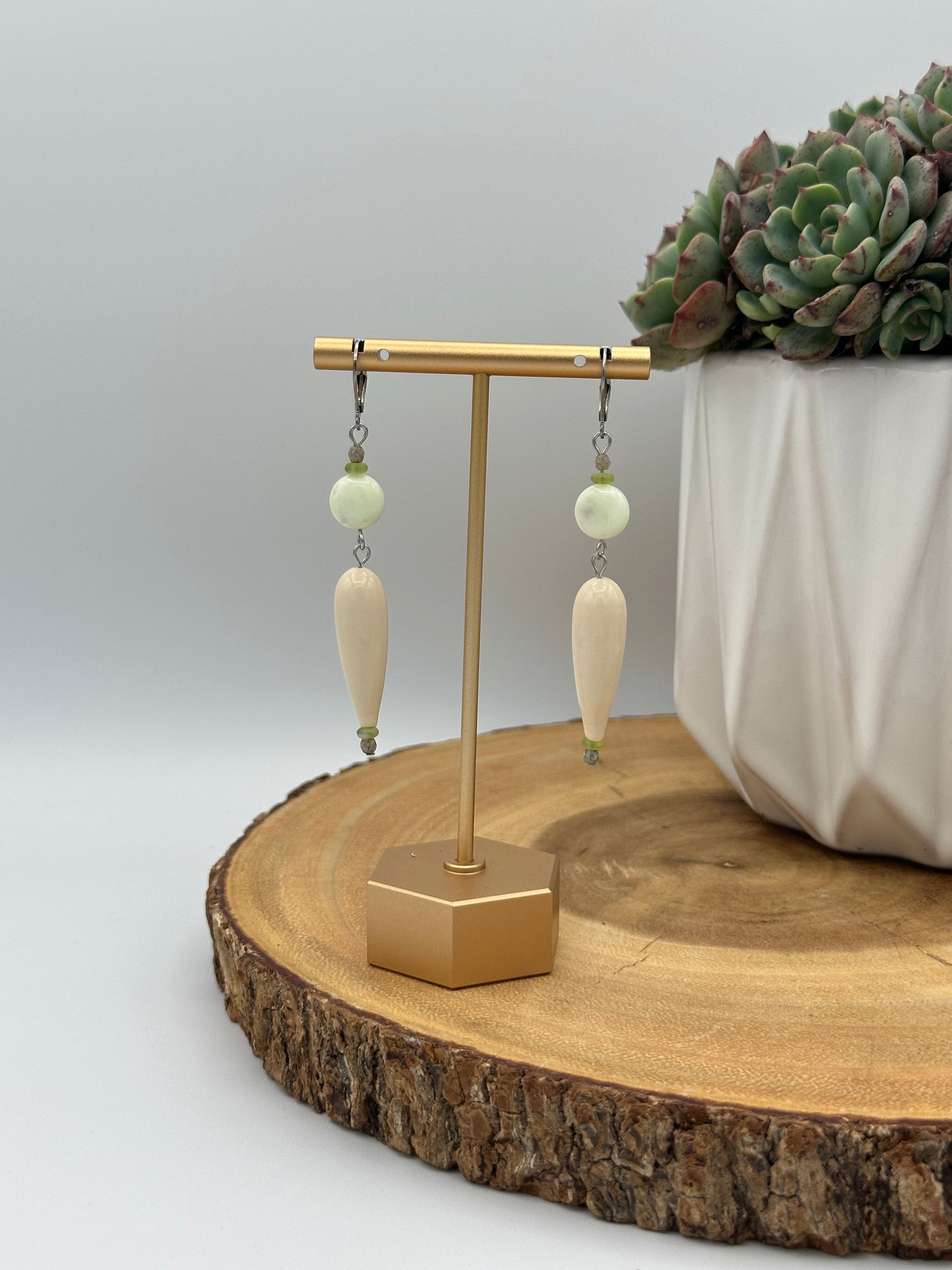 Cream Teardrop Earrings with Mint Green Accent - Boho Dangle Earrings