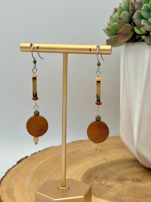 Natural Wood Dangle Earrings - Boho Wood Disc Drop