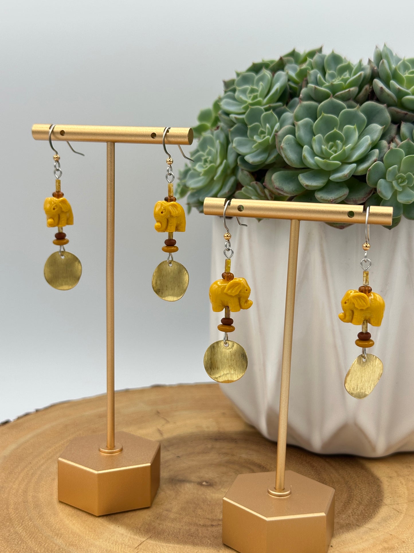 Yellow Elephant Dangle Earrings - Boho Brass Disc Drop
