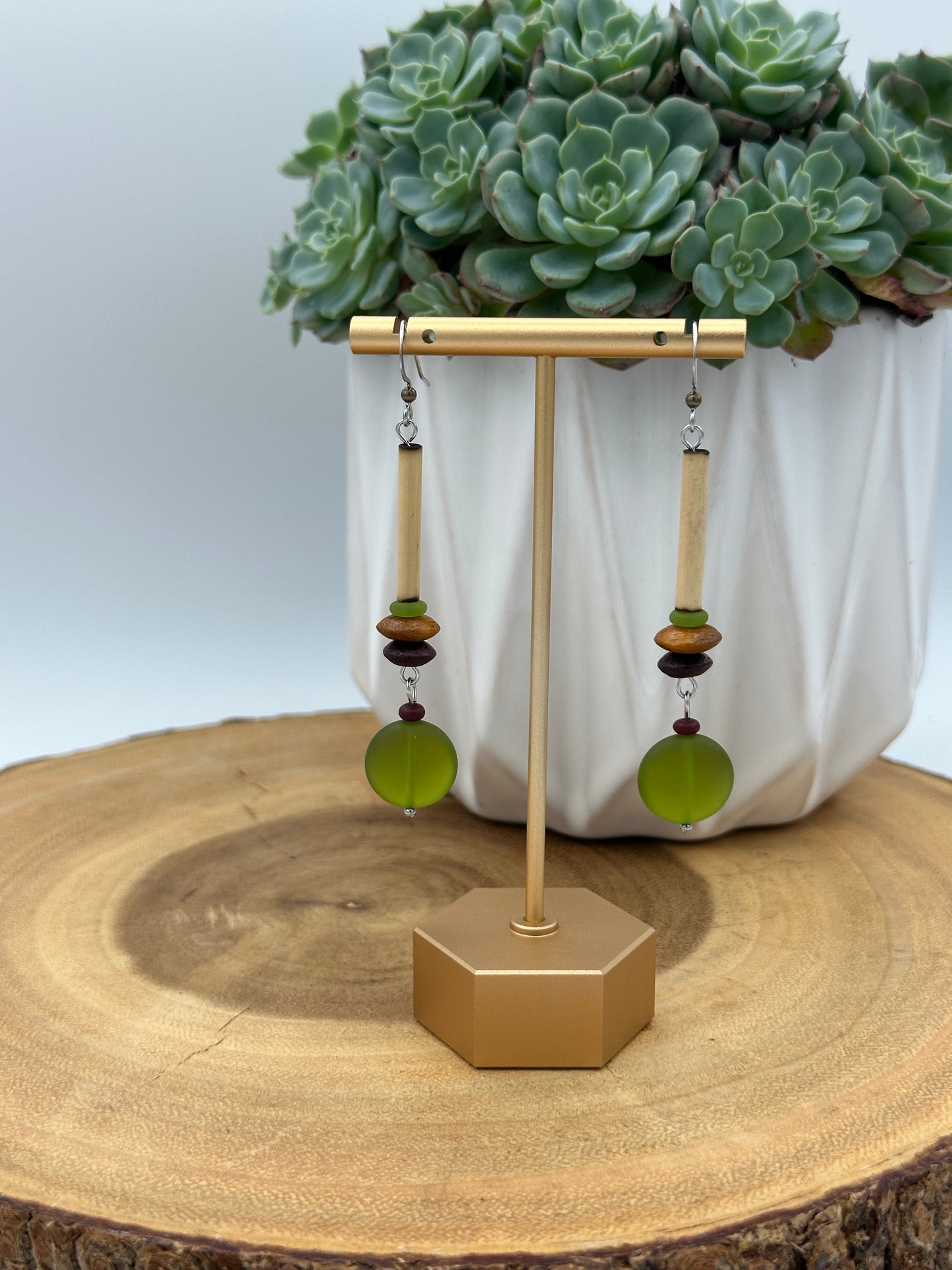 Natural Wood Boho Dangle Earrings - Olive Green Statement Drop