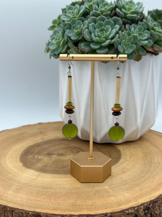 Natural Wood Boho Dangle Earrings - Olive Green Statement Drop