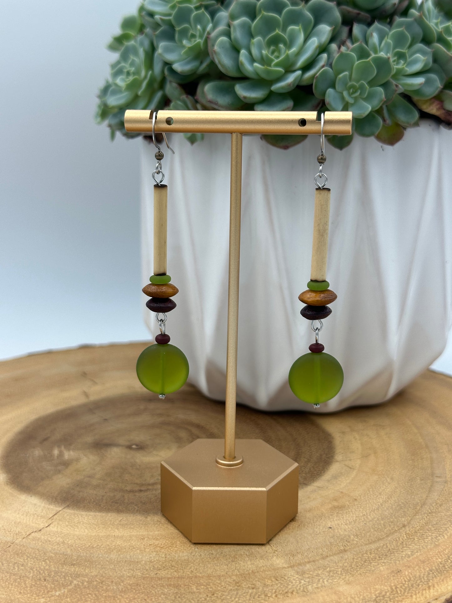 Natural Wood Boho Dangle Earrings - Olive Green Statement Drop