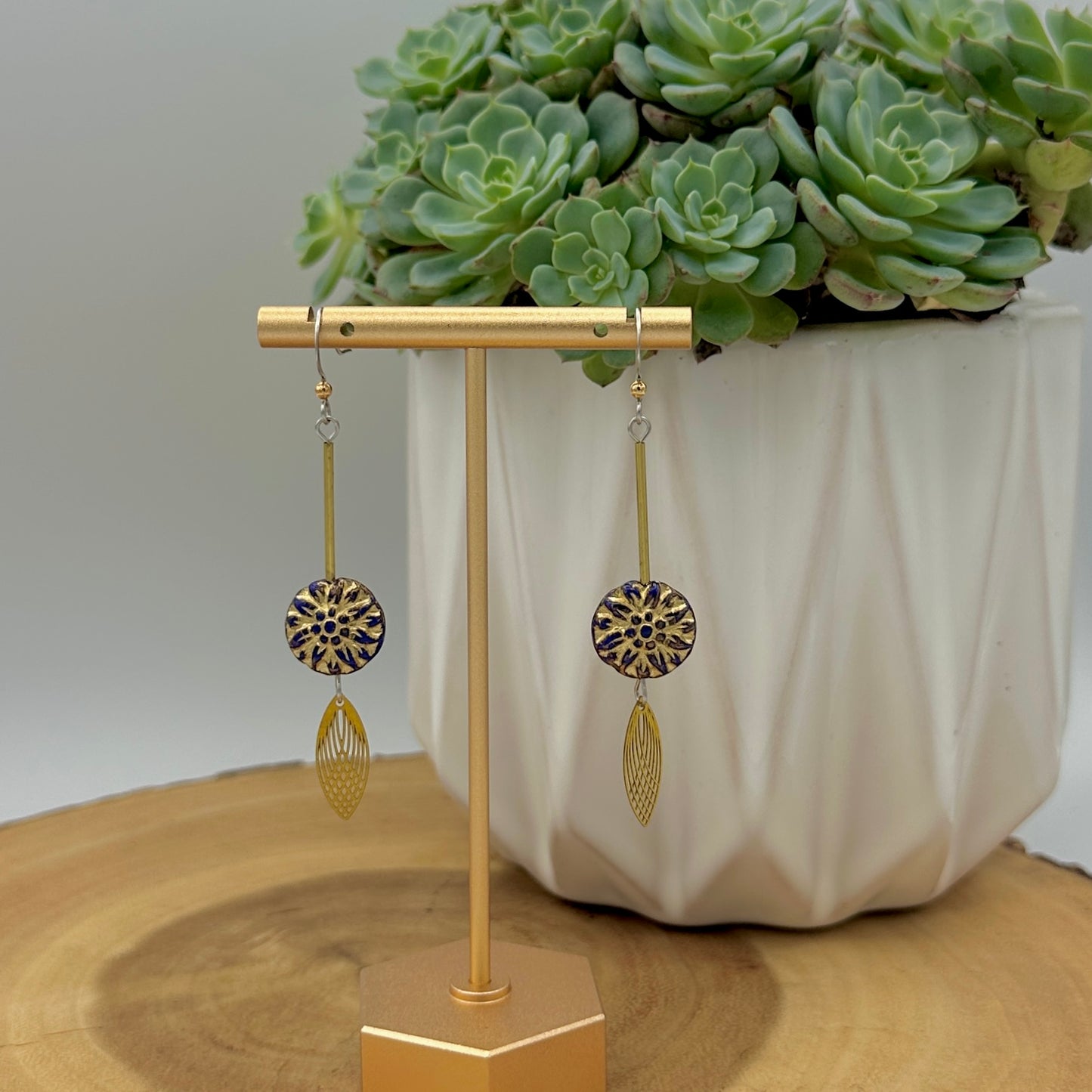 Navy and Gold Dahlia Flower Earrings - Long Boho Dangle Earrings