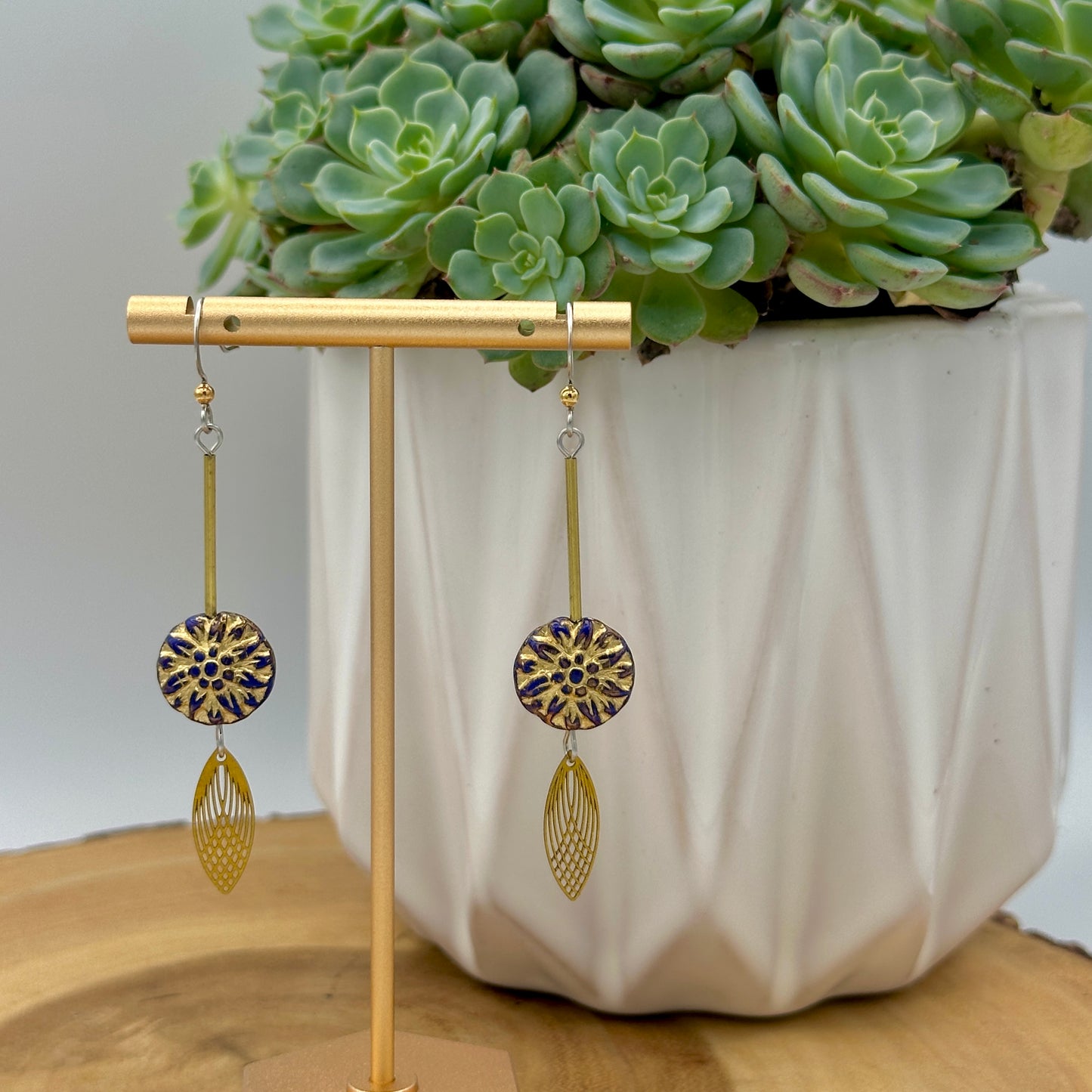 Navy and Gold Dahlia Flower Earrings - Long Boho Dangle Earrings