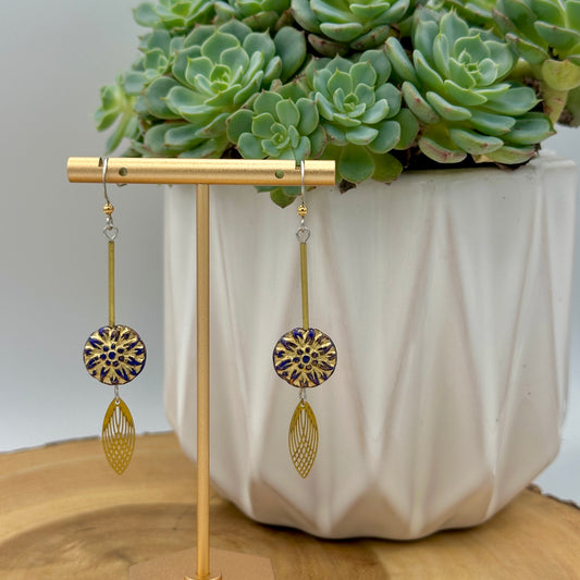 Navy and Gold Dahlia Flower Earrings - Long Boho Dangle Earrings