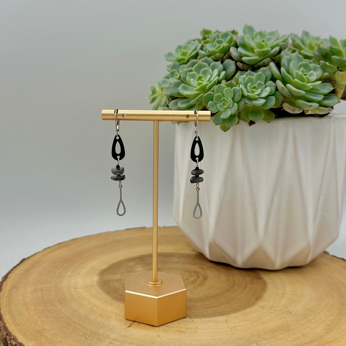 Dainty Tourmalinated Quartz - Geometric Dangle Drop Earrings