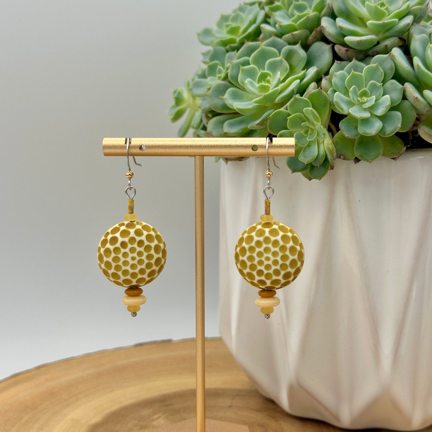 Golden Yellow Textured Drop Earrings - Lightweight Boho Geometric Earrings